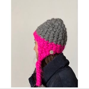 Chunky knit hat- Heather Grey and Hot Pink with rabbit fur poms